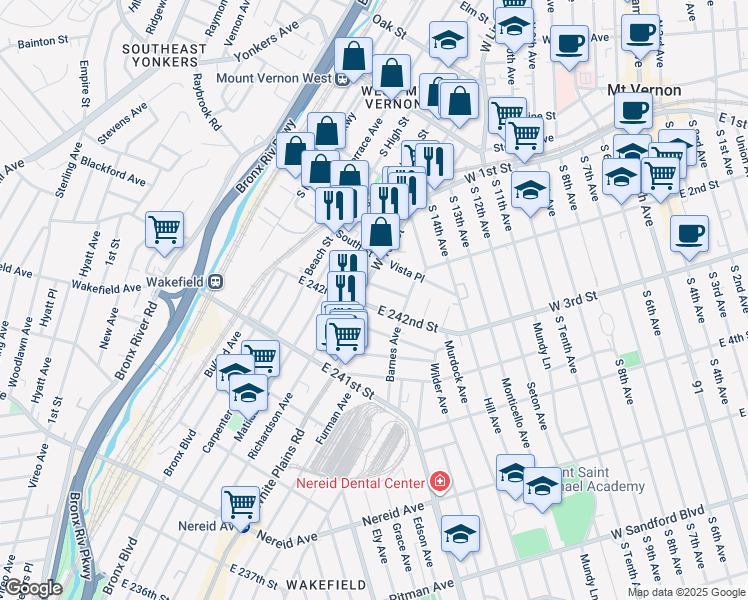 map of restaurants, bars, coffee shops, grocery stores, and more near 725 East 243rd Street in Bronx