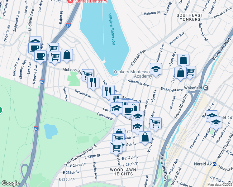 map of restaurants, bars, coffee shops, grocery stores, and more near 88 Kimball Avenue in Yonkers