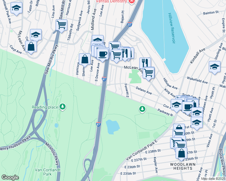 map of restaurants, bars, coffee shops, grocery stores, and more near 220 Delano Avenue in Yonkers