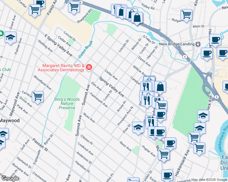 map of restaurants, bars, coffee shops, grocery stores, and more near 140 Spring Valley Avenue in Hackensack