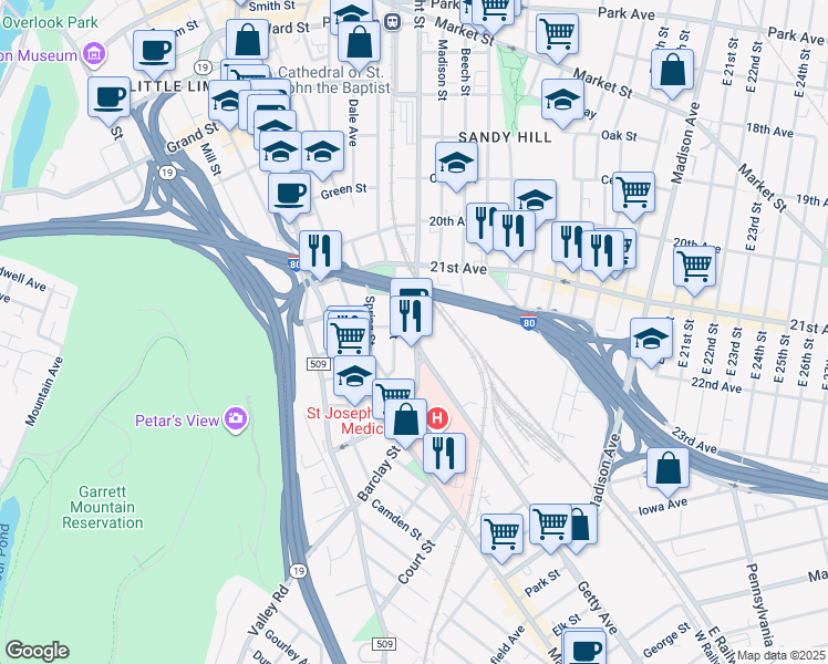 map of restaurants, bars, coffee shops, grocery stores, and more near 519-533 Passaic County 647 in Paterson
