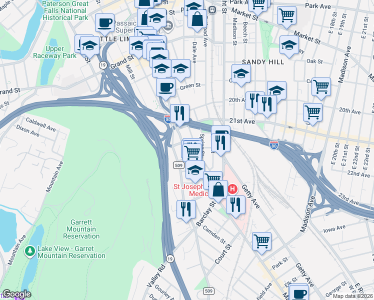 map of restaurants, bars, coffee shops, grocery stores, and more near 184 Jackson Street in Paterson