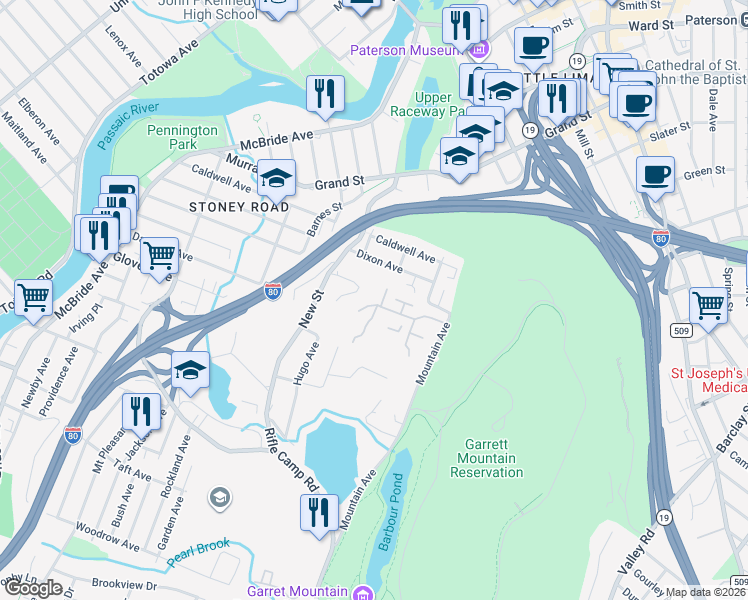map of restaurants, bars, coffee shops, grocery stores, and more near 254 Dixon Avenue in Paterson