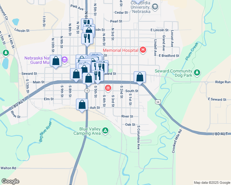 map of restaurants, bars, coffee shops, grocery stores, and more near 222 South 3rd Street in Seward