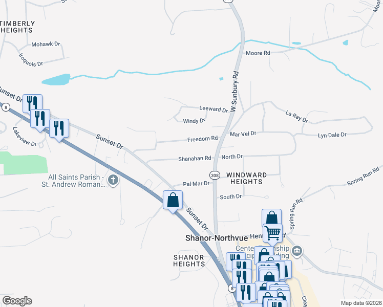 map of restaurants, bars, coffee shops, grocery stores, and more near 105 Freedom Road in Butler