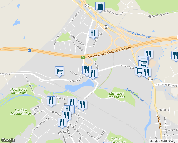 map of restaurants, bars, coffee shops, grocery stores, and more near 13 East Dewey Avenue in Wharton
