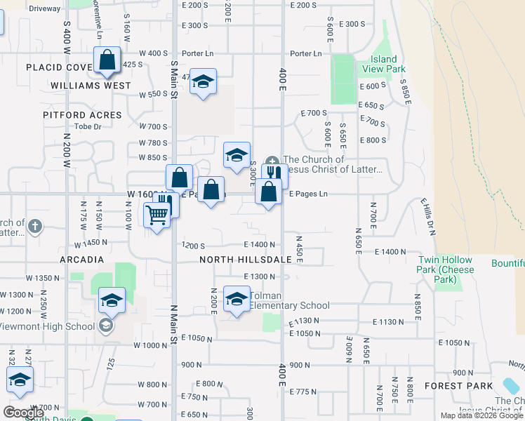 map of restaurants, bars, coffee shops, grocery stores, and more near 347 East 1100 North in Centerville