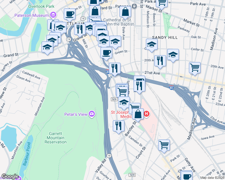 map of restaurants, bars, coffee shops, grocery stores, and more near 566 Main Street in Paterson