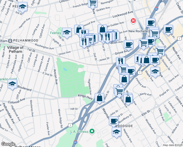 map of restaurants, bars, coffee shops, grocery stores, and more near 125 Beechwood Avenue in New Rochelle