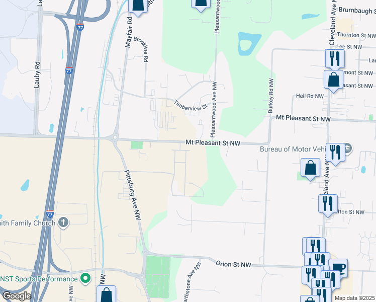 map of restaurants, bars, coffee shops, grocery stores, and more near 3890 Mount Pleasant Street Northwest in North Canton