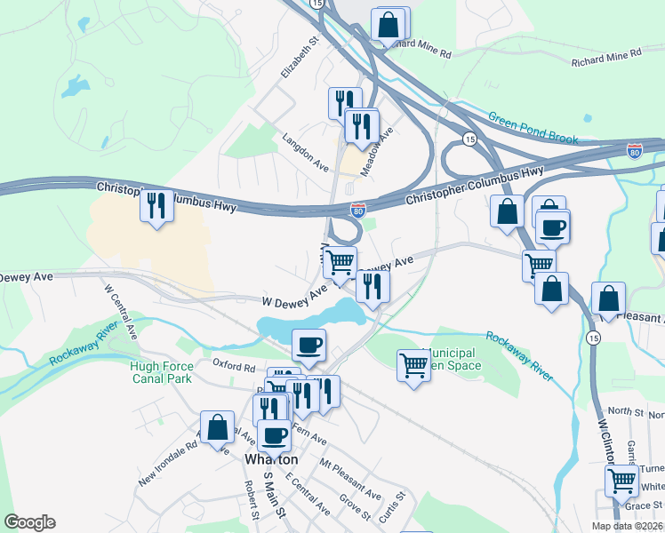 map of restaurants, bars, coffee shops, grocery stores, and more near 248 North Main Street in Wharton