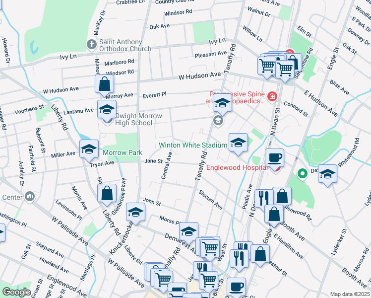 map of restaurants, bars, coffee shops, grocery stores, and more near 165 Tryon Avenue in Englewood