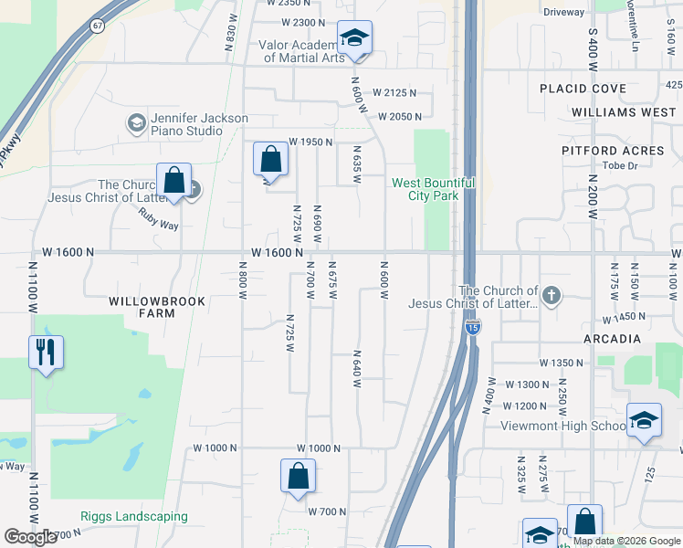 map of restaurants, bars, coffee shops, grocery stores, and more near 1540 North 675 West in West Bountiful