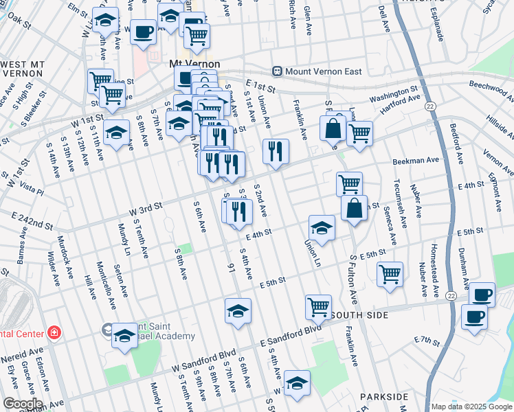 map of restaurants, bars, coffee shops, grocery stores, and more near 219 South 2nd Avenue in Mount Vernon