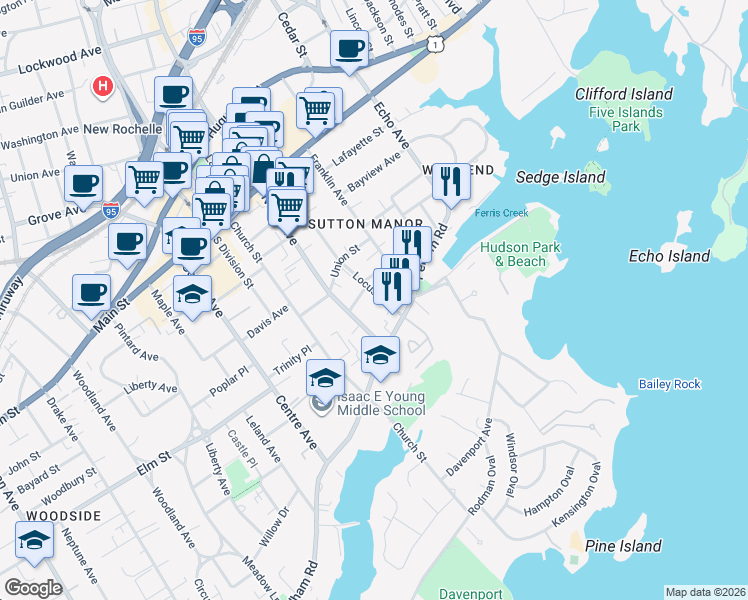 map of restaurants, bars, coffee shops, grocery stores, and more near 130 Locust Avenue in New Rochelle