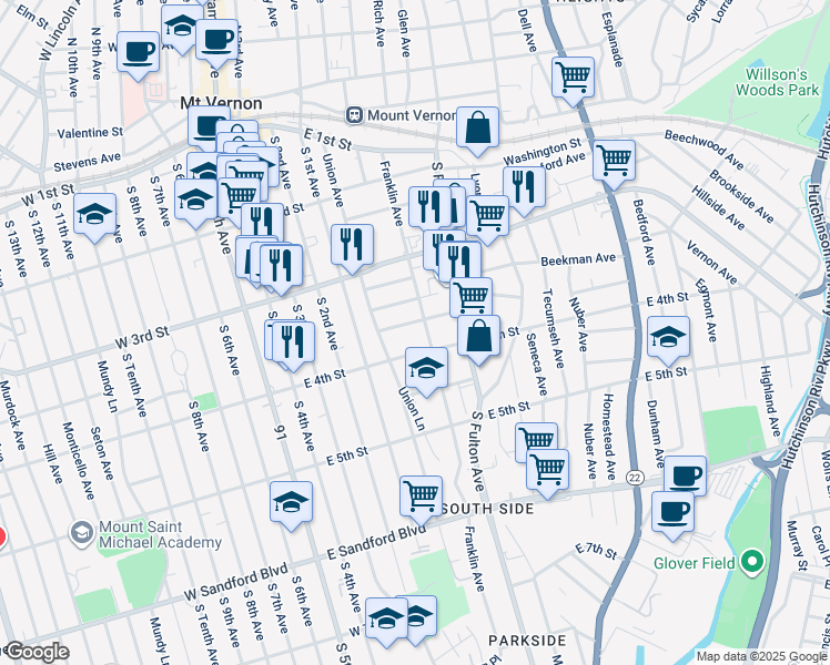 map of restaurants, bars, coffee shops, grocery stores, and more near 26 Madison Street in Mount Vernon