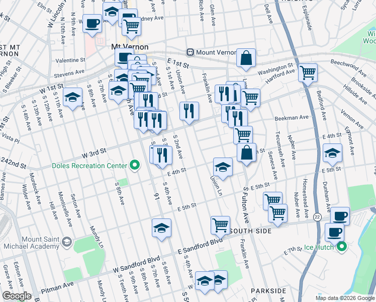 map of restaurants, bars, coffee shops, grocery stores, and more near 228 Union Avenue in Mount Vernon