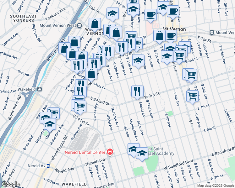 map of restaurants, bars, coffee shops, grocery stores, and more near 115 South 14th Avenue in Mount Vernon
