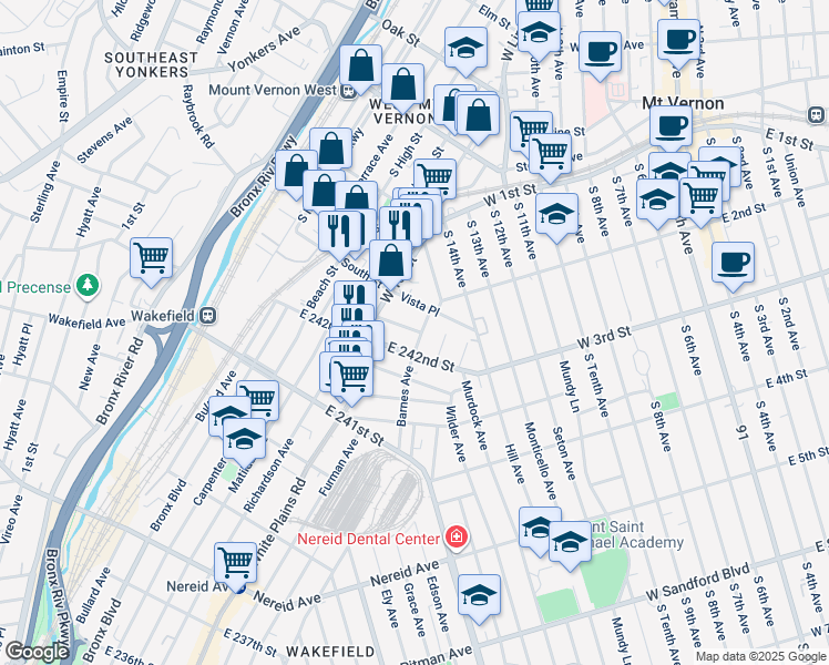 map of restaurants, bars, coffee shops, grocery stores, and more near 725 East 243rd Street in Bronx