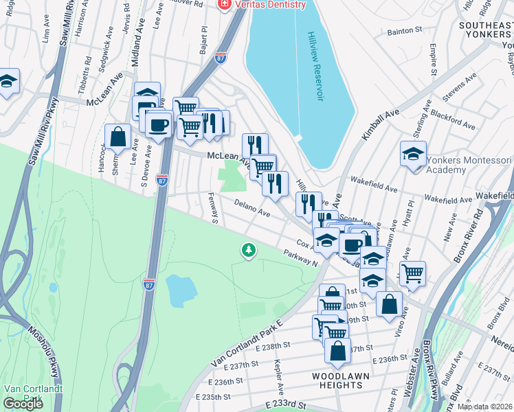 map of restaurants, bars, coffee shops, grocery stores, and more near in Yonkers