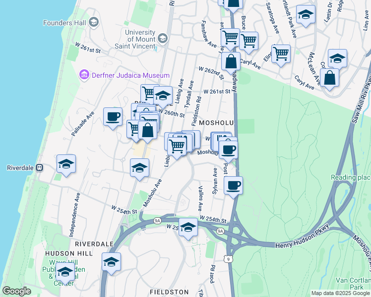 map of restaurants, bars, coffee shops, grocery stores, and more near 5831 Fieldston Road in Bronx