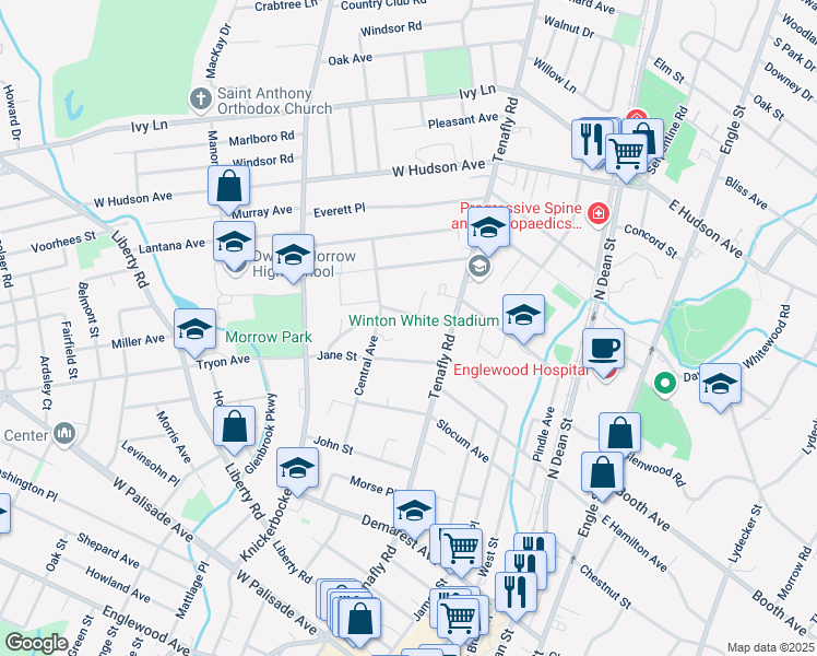 map of restaurants, bars, coffee shops, grocery stores, and more near 165 Tryon Avenue in Englewood