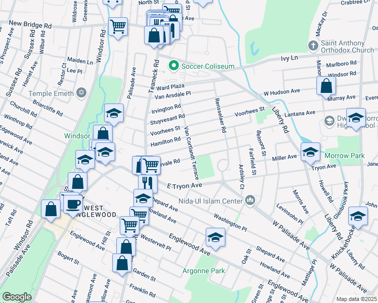 map of restaurants, bars, coffee shops, grocery stores, and more near 115 Van Buskirk Road in Teaneck