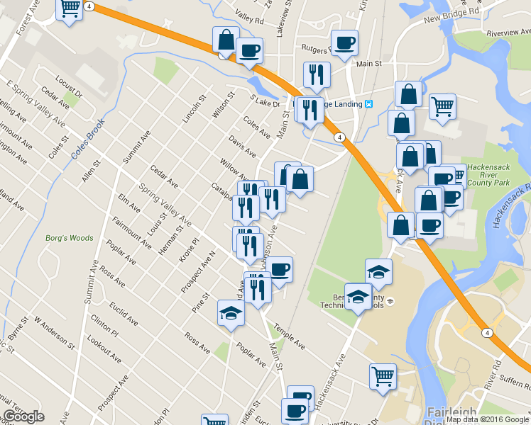 map of restaurants, bars, coffee shops, grocery stores, and more near 860 Main Street in Hackensack
