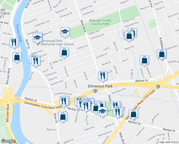 map of restaurants, bars, coffee shops, grocery stores, and more near 17 North Street in Elmwood Park