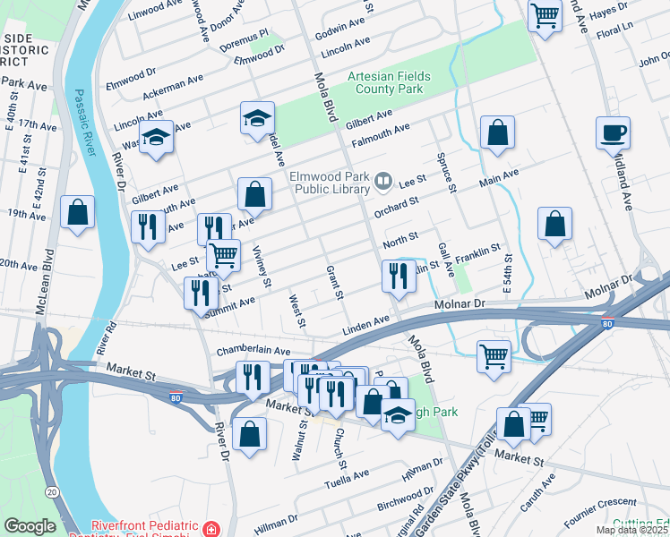 map of restaurants, bars, coffee shops, grocery stores, and more near 17 North Street in Elmwood Park