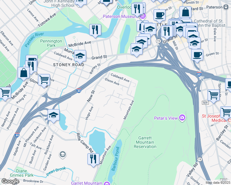map of restaurants, bars, coffee shops, grocery stores, and more near 294 Dixon Avenue in Paterson