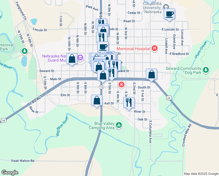 map of restaurants, bars, coffee shops, grocery stores, and more near 222 South 5th Street in Seward