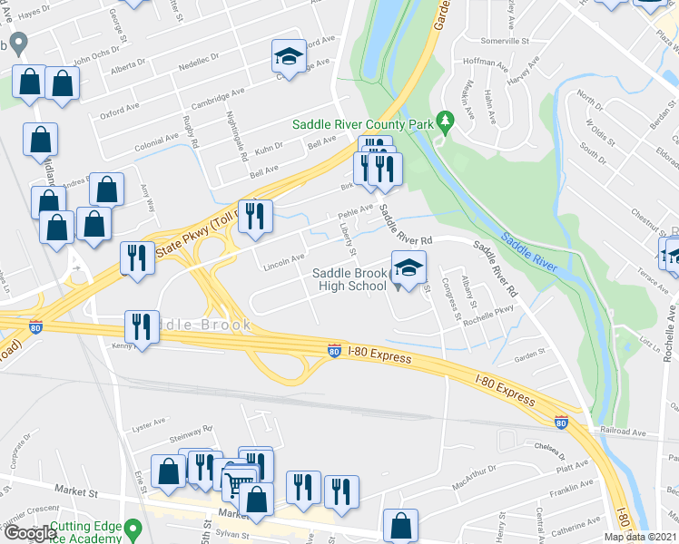map of restaurants, bars, coffee shops, grocery stores, and more near 76 North Leswing Avenue in Saddle Brook