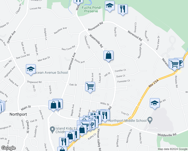 map of restaurants, bars, coffee shops, grocery stores, and more near 112 Burt Avenue in Northport