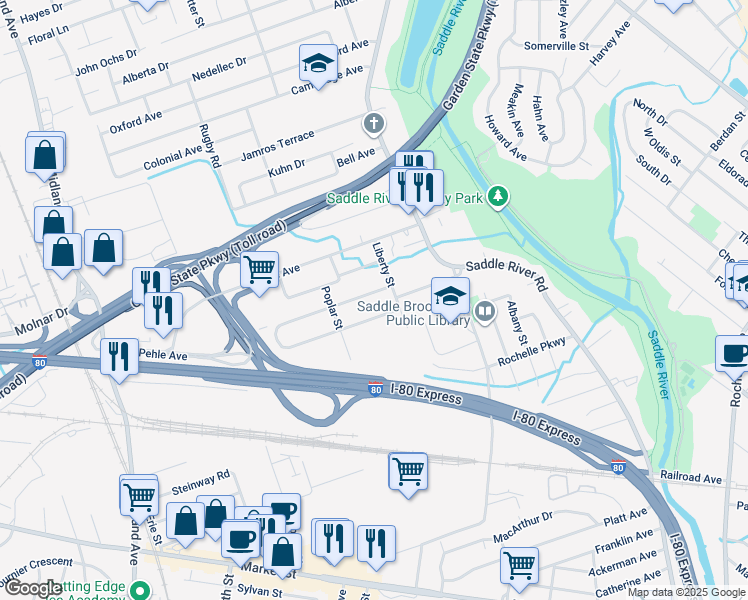 map of restaurants, bars, coffee shops, grocery stores, and more near 76 North Leswing Avenue in Saddle Brook