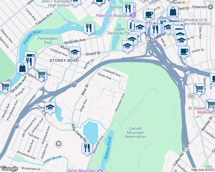 map of restaurants, bars, coffee shops, grocery stores, and more near 294 Dixon Avenue in Paterson