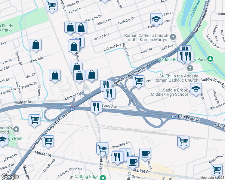 map of restaurants, bars, coffee shops, grocery stores, and more near 250 Pehle Avenue in Saddle Brook