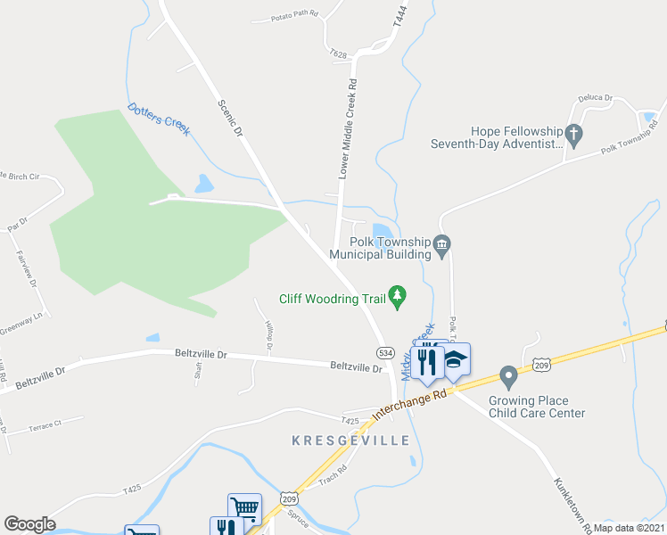 map of restaurants, bars, coffee shops, grocery stores, and more near 107 Highway 534 in Kunkletown