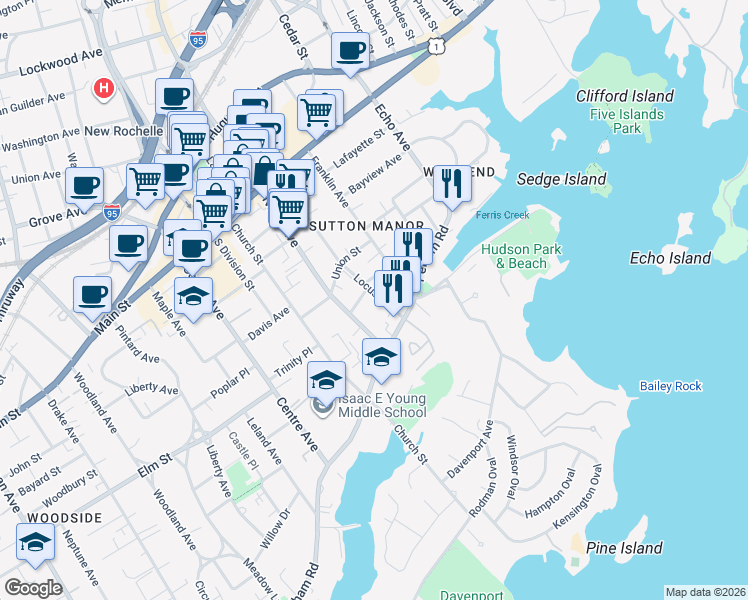 map of restaurants, bars, coffee shops, grocery stores, and more near 130 Locust Avenue in New Rochelle