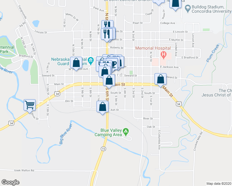 map of restaurants, bars, coffee shops, grocery stores, and more near 301 South 5th Street in Seward