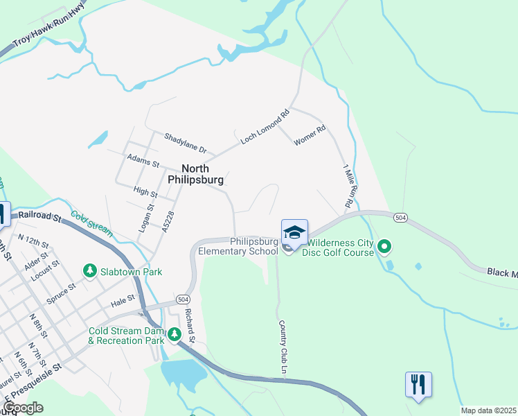 map of restaurants, bars, coffee shops, grocery stores, and more near 100 Dogwood Drive in Philipsburg