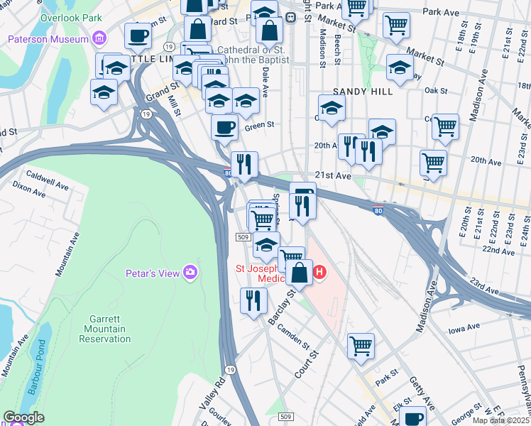 map of restaurants, bars, coffee shops, grocery stores, and more near 13 Washington Avenue in Paterson