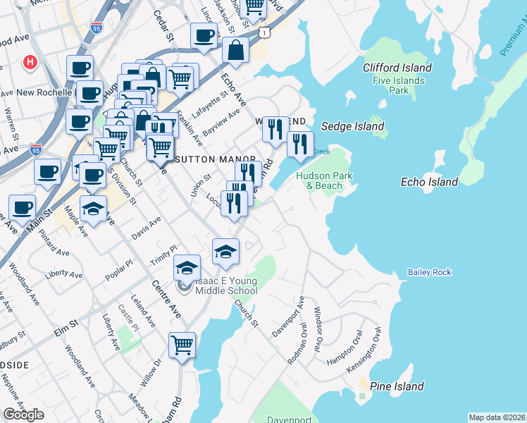 map of restaurants, bars, coffee shops, grocery stores, and more near 3 Davenport Avenue in New Rochelle