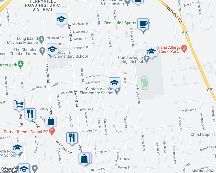 map of restaurants, bars, coffee shops, grocery stores, and more near 54 Erie Street in Port Jefferson Station