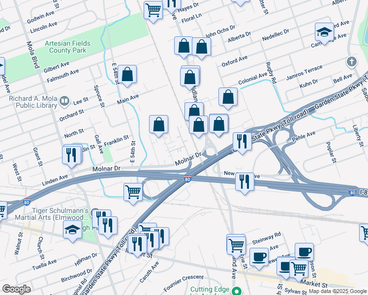 map of restaurants, bars, coffee shops, grocery stores, and more near 5 Cory Lane in Elmwood Park