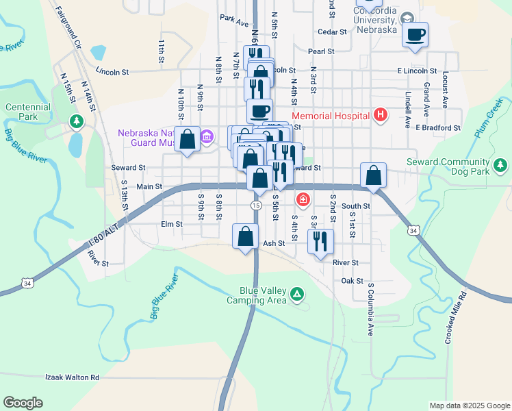 map of restaurants, bars, coffee shops, grocery stores, and more near South Street in Seward