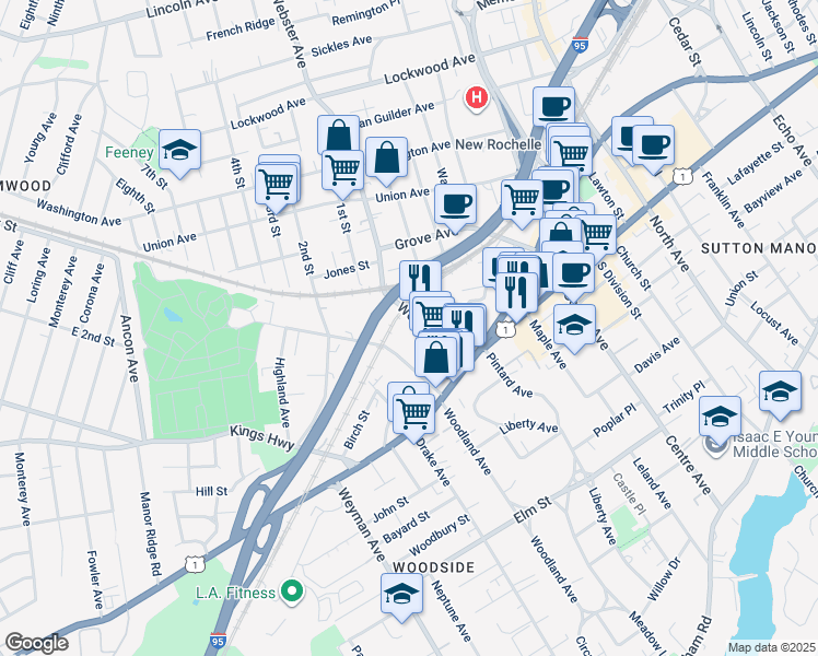 map of restaurants, bars, coffee shops, grocery stores, and more near 55 Webster Avenue in New Rochelle