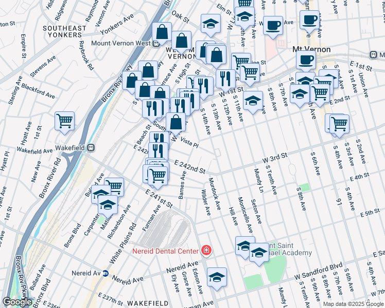 map of restaurants, bars, coffee shops, grocery stores, and more near in The Bronx