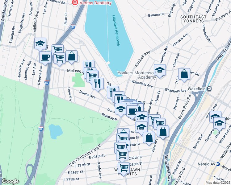 map of restaurants, bars, coffee shops, grocery stores, and more near 65 Harding Avenue in Yonkers