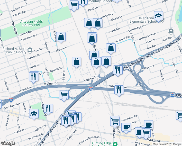 map of restaurants, bars, coffee shops, grocery stores, and more near 275 North Midland Avenue in Saddle Brook